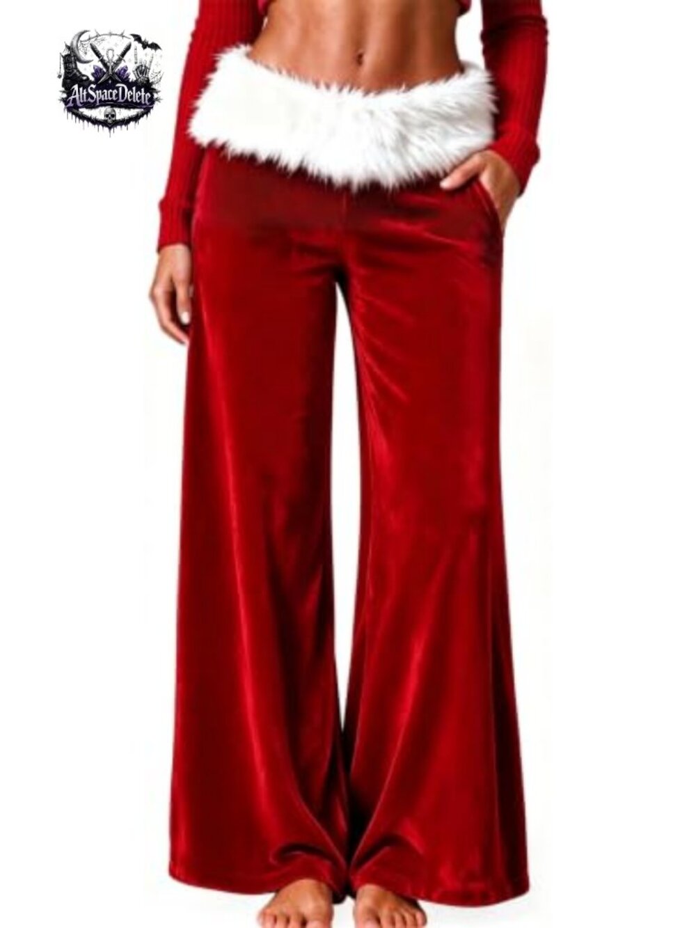 Velvet Santa Pajama Pants Faux Fur Waistband Holiday Party